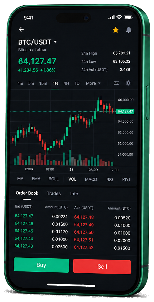 Interface mobile de trading Stream Evista Ai — cotations BTC/USDT en temps réel, carnet d’ordres et outils de suivi des opérations